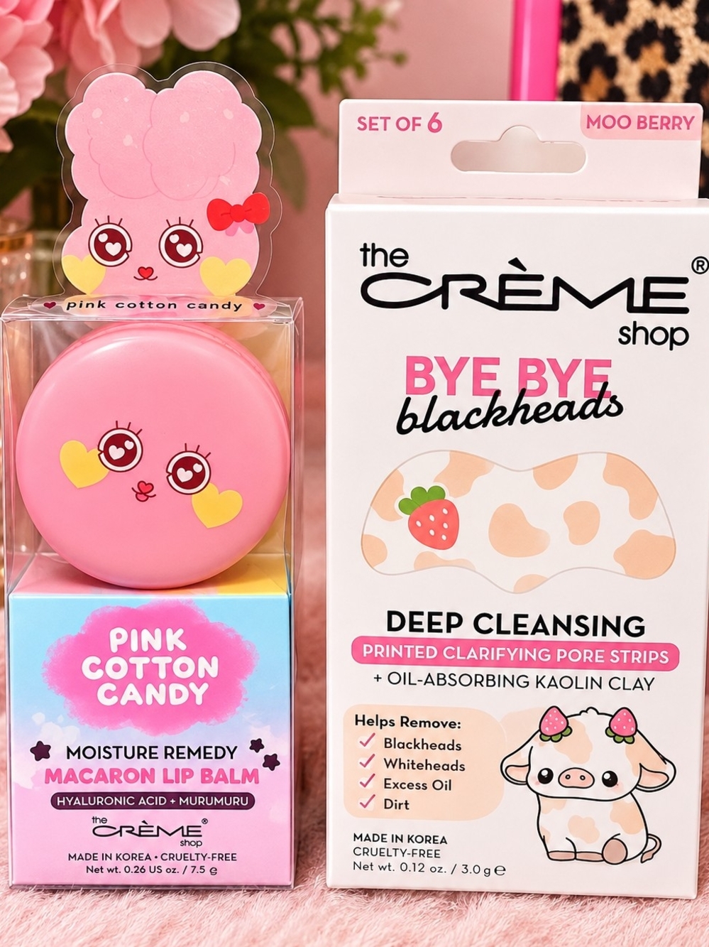 CREME SHOPPink Cotton Candy Macaron Lip Balm & Bye Bye Blackheads Strips Bundle